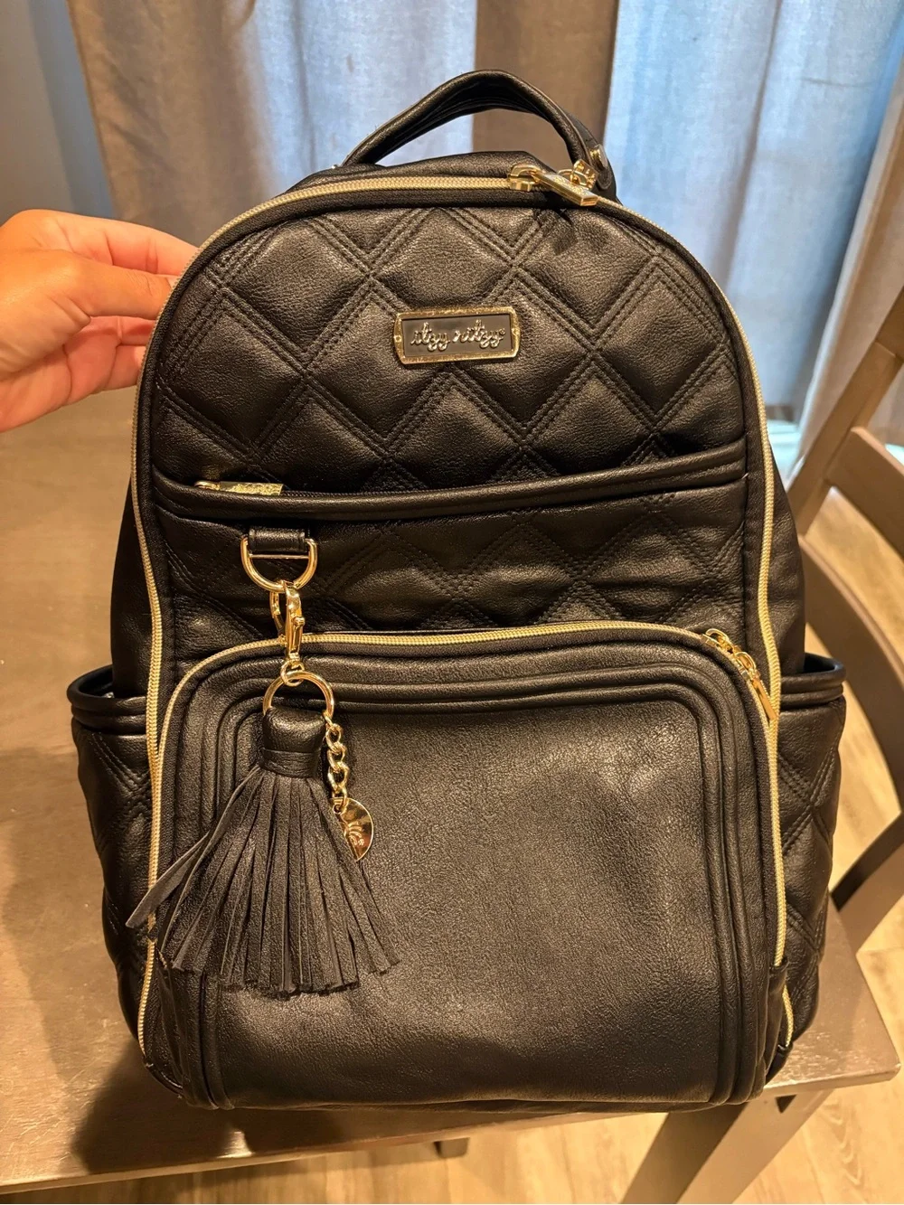 Quilted Black Diaper Backpack with Tassel Accent